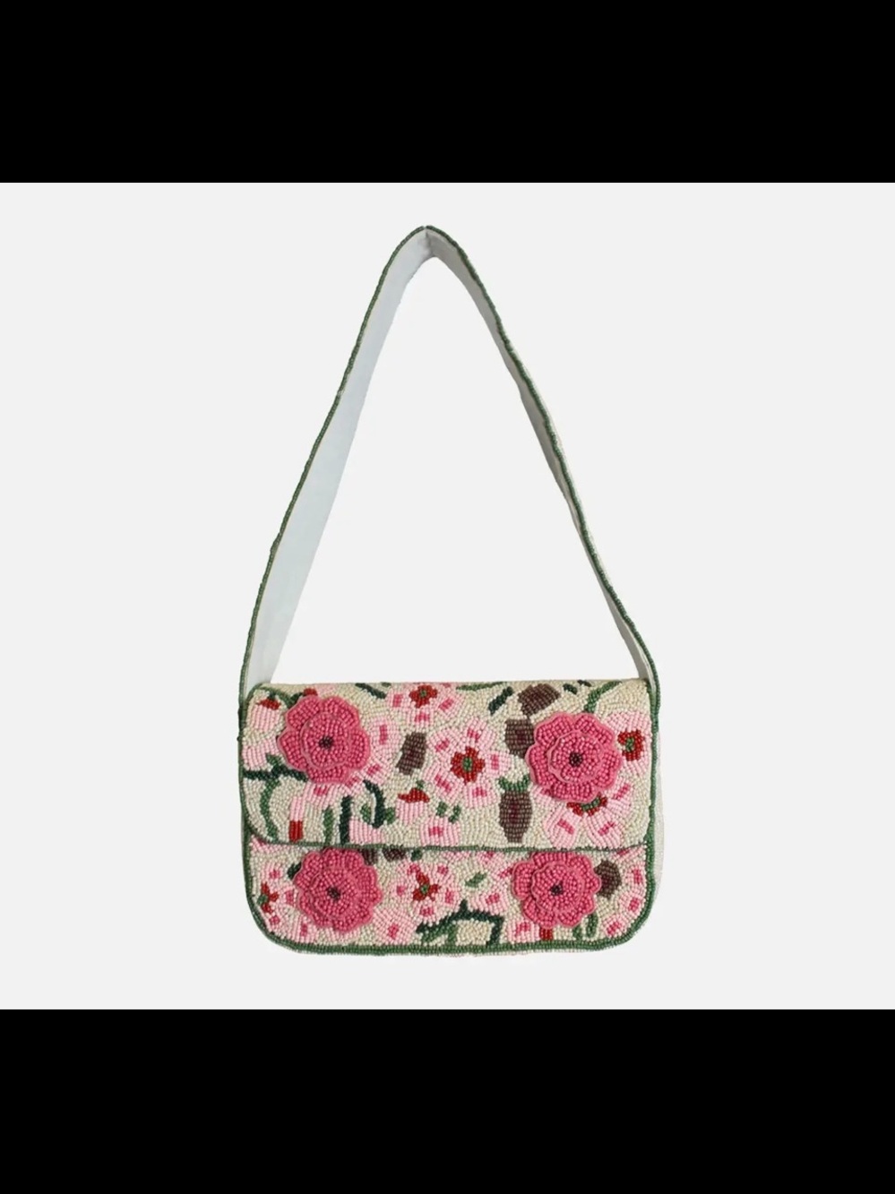 Pink Floral Beaded Shoulder Bag with Green Trim